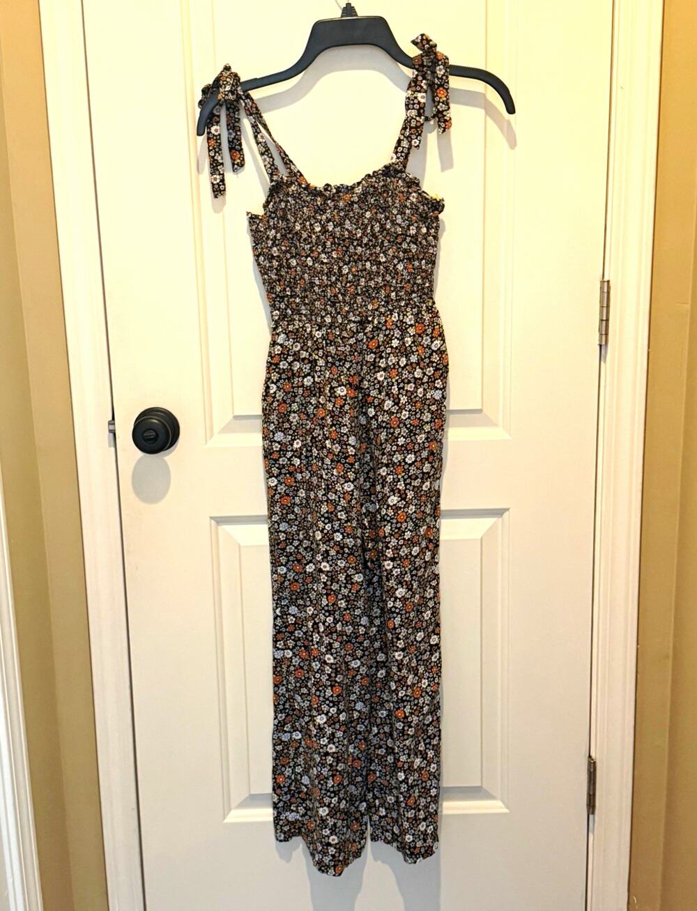 Hollister Womens XS Floral Smocked Tie-Strap Sleeveless Square Neck Jumpsuit